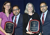 Two side-by-side photos, both with a woman and a man posing for a picture. Each woman is holding an award.